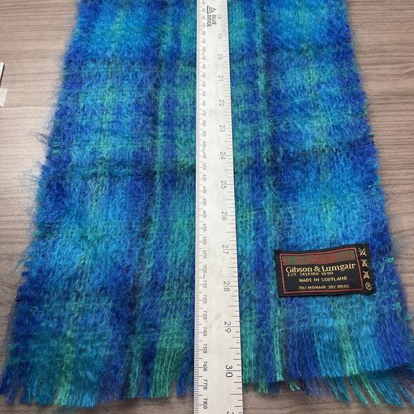 Gibson & Lumgair-Made In Scotland-Mohair Wool Scarf Plaid Teal-Green 62” X 9.5” - Picture 4 of 6